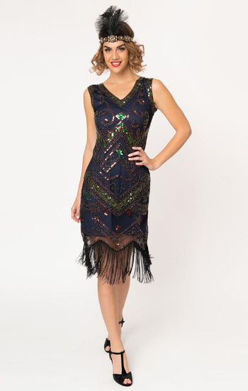 Stunning Navy 1920's Downton Abbey Beaded Flapper Dress-Fernande - Blanche's Place